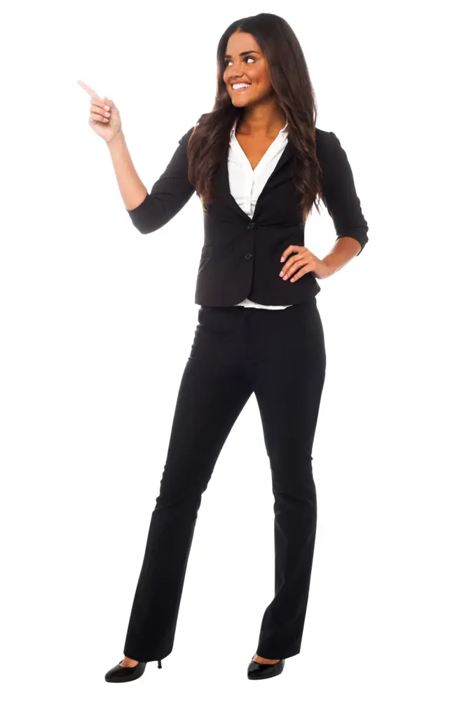 Smiling Woman Pointing in Business Attire