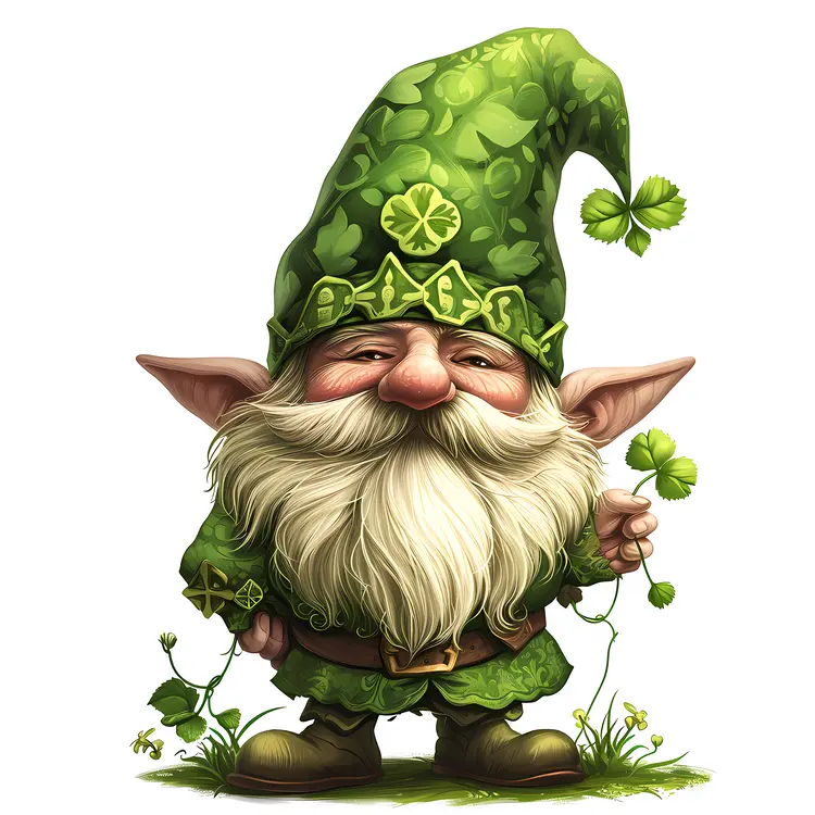 Green Gnome with Shamrock Hat and Leaf