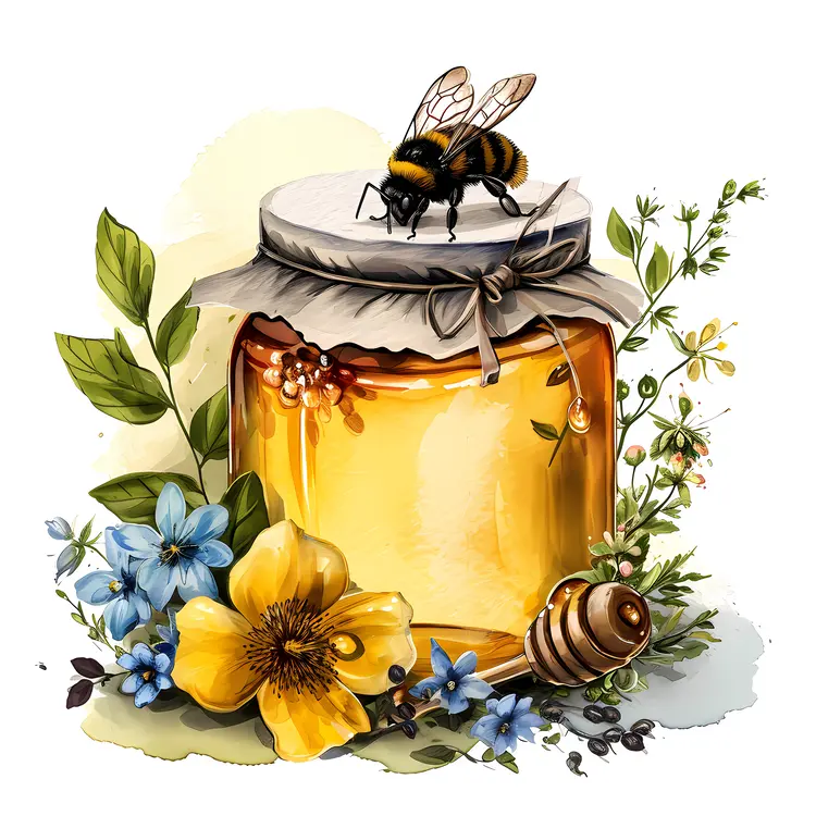 Honey Jar with Bee and Flowers
