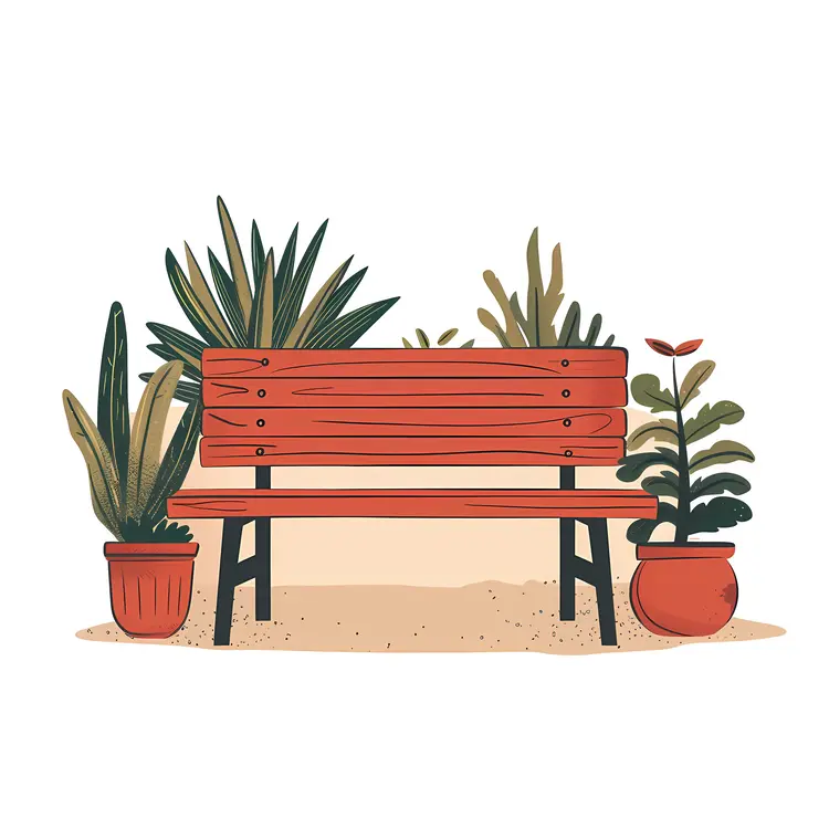 Red Bench with Potted Plants