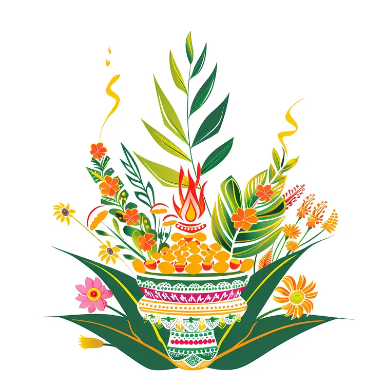 Colorful Ugadi Pot with Flowers and Leaves