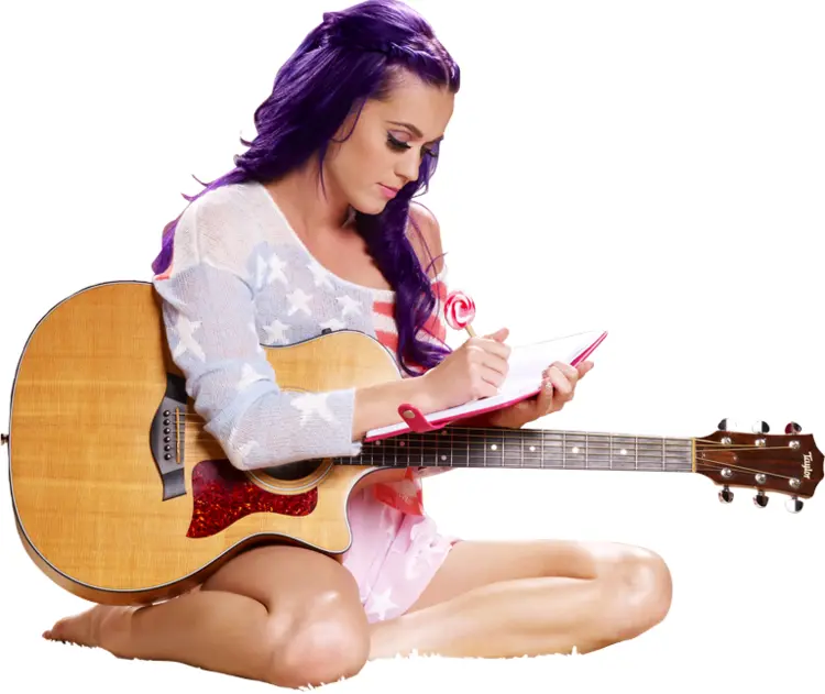 Woman with Purple Hair Writing Music with Guitar