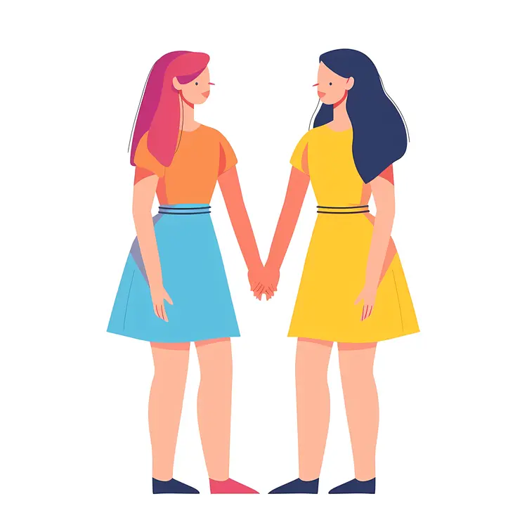 Two Women Holding Hands in Colorful Dresses