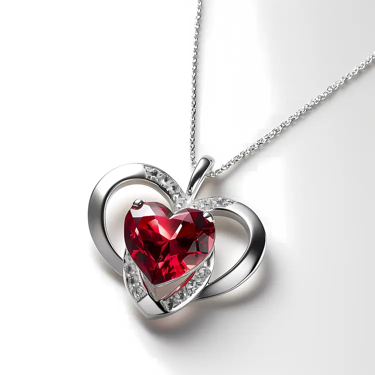 Silver Necklace with Red Heart-shaped Pendant