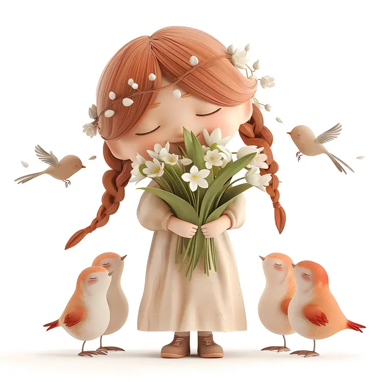 Cute Girl Holding Flowers with Birds