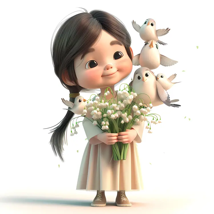 Cute Girl with Lily of the Valley and Birds