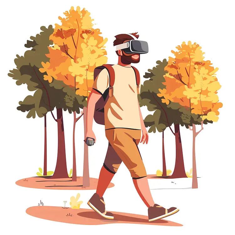Man Walking in Autumn Park with VR Headset