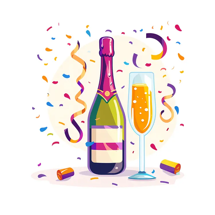 Champagne Bottle and Glass with Confetti