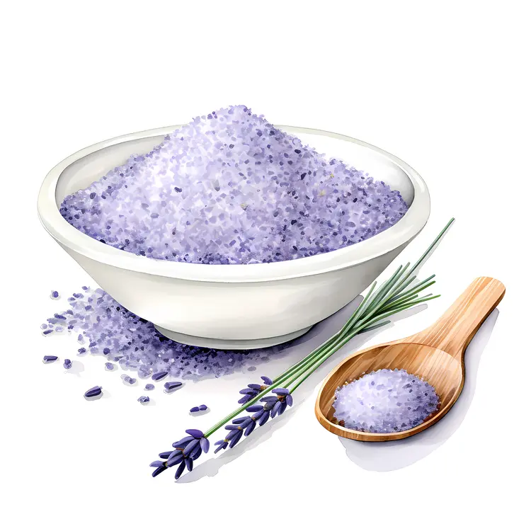 Purple Bath Salts in Bowl with Wooden Spoon