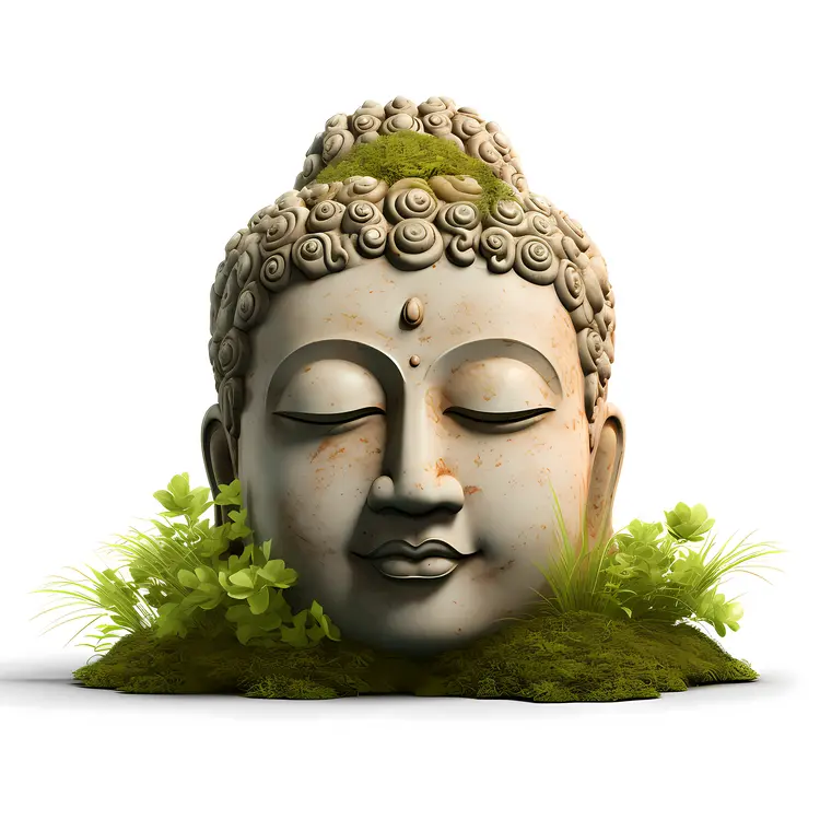 Serene Buddha Head Statue with Greenery
