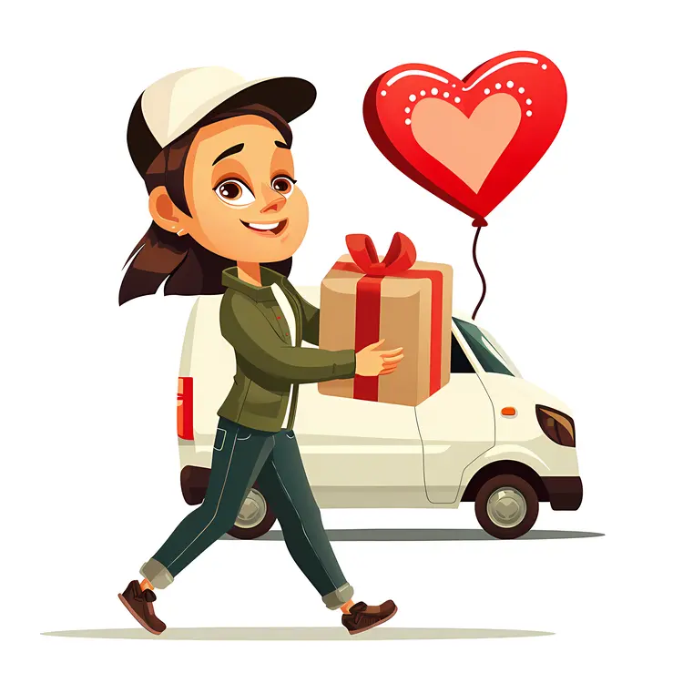 Person Delivering Gift with Heart Balloon