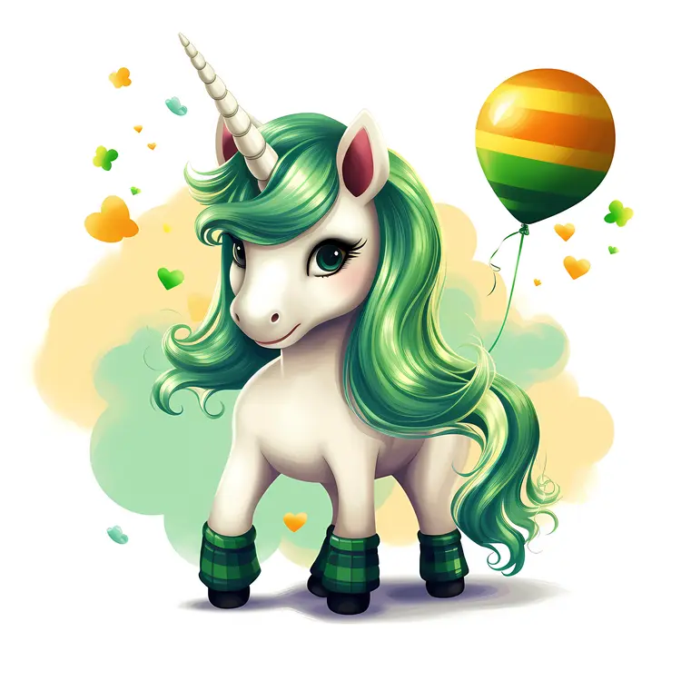 Cute Unicorn with Green Mane and Orange Balloon