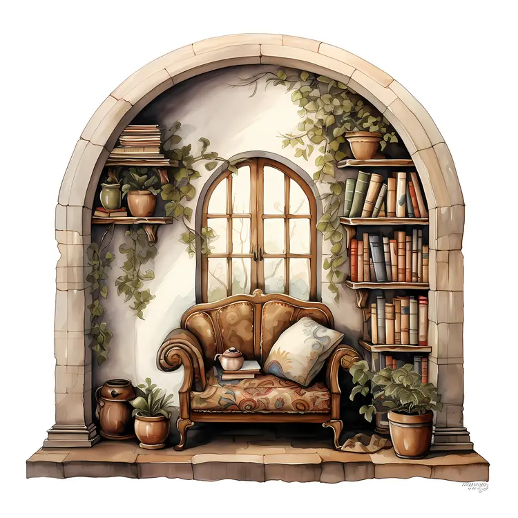 Cozy Reading Nook with Books and Plants