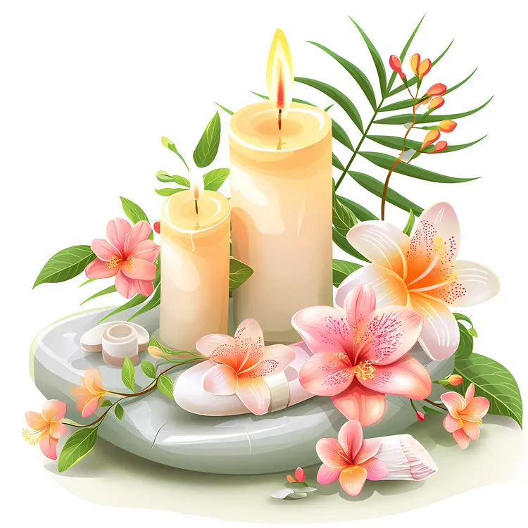 White Candles with Flowers and Leaves