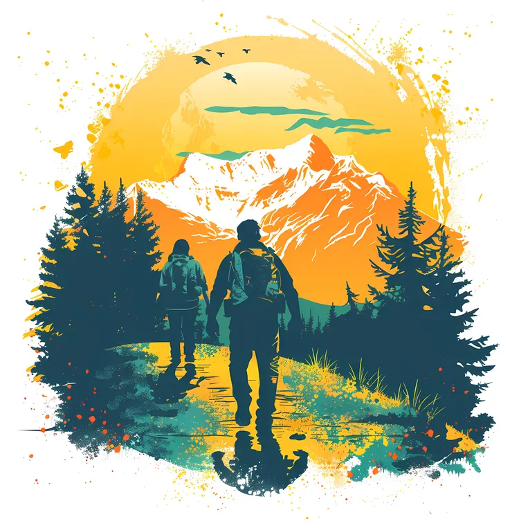 Hikers at Sunset in Mountain Landscape in Watercolor Style