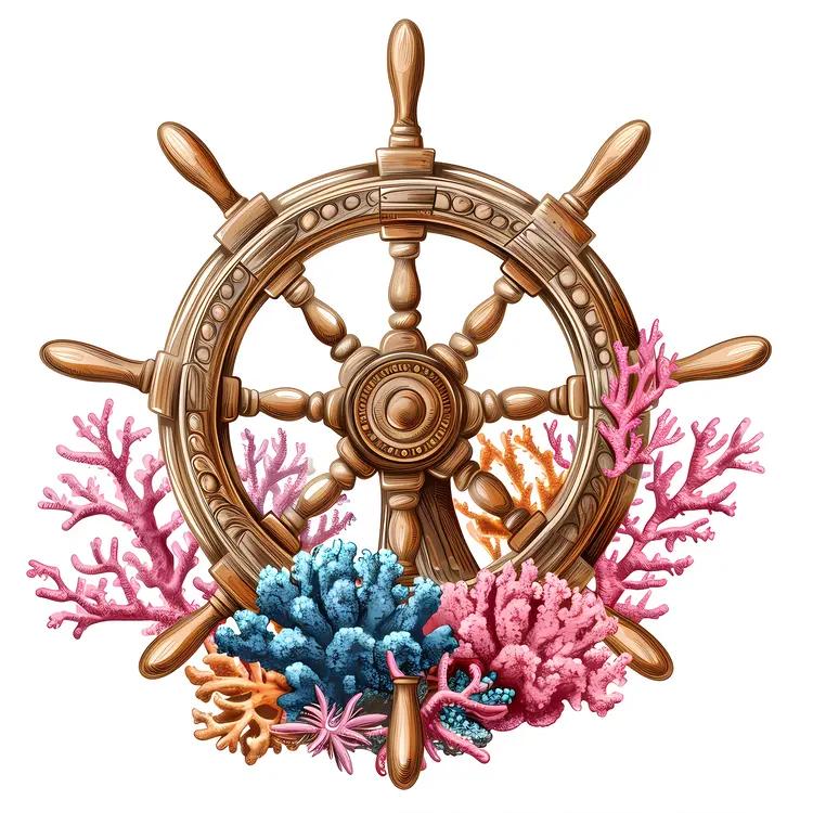 Wooden Ship Wheel with Colorful Coral