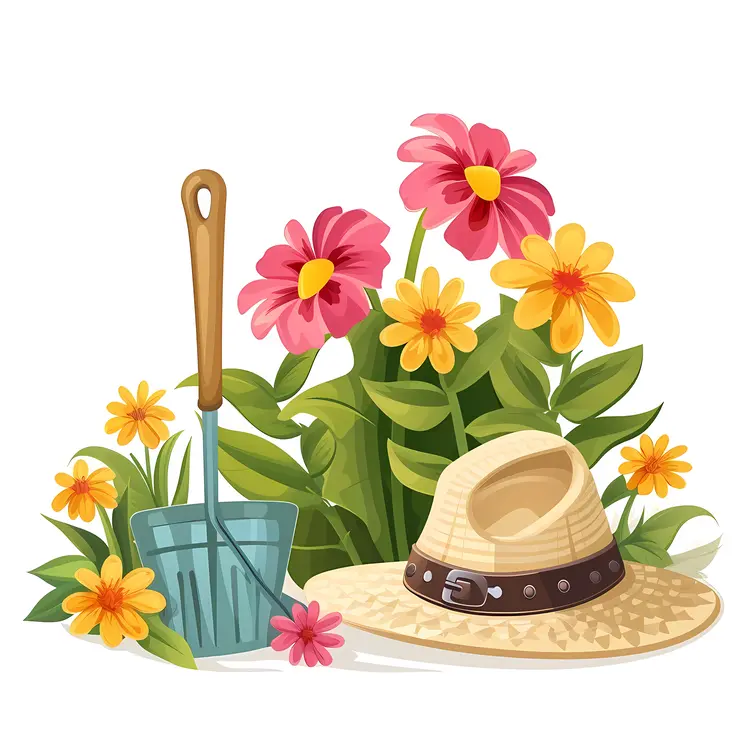 Gardening Tools and Flowers with Straw Hat
