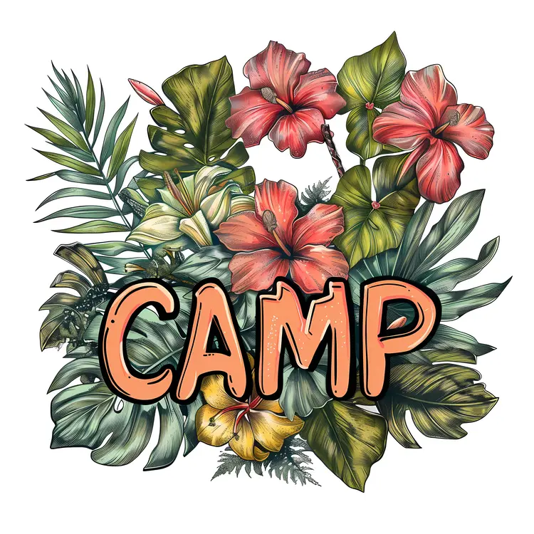 Tropical Flowers and Leaves with Camp Text