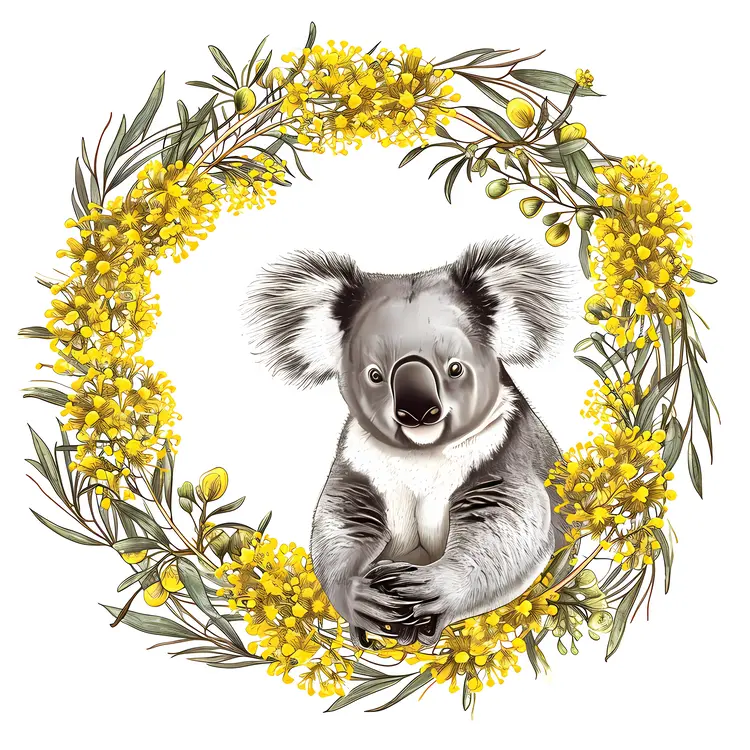 Charming Koala in Yellow Floral Wreath