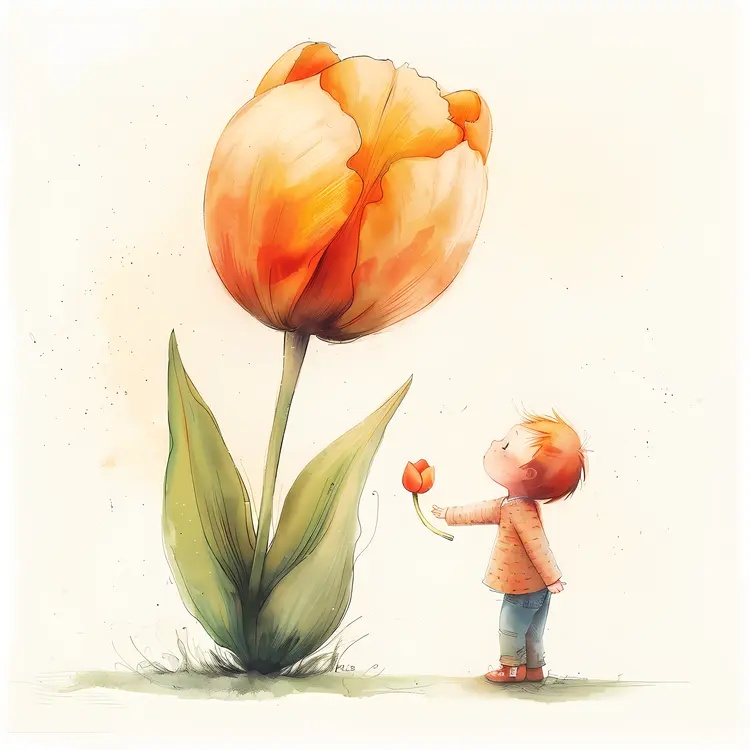 Boy Holding Small Tulip Next to Giant Orange Tulip