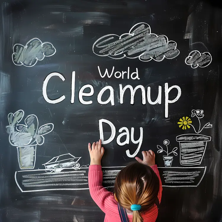 Child Drawing World Cleanup Day on Chalkboard