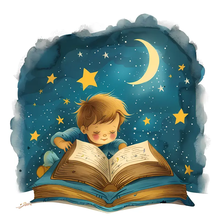 Boy Reading Under the Starry Sky