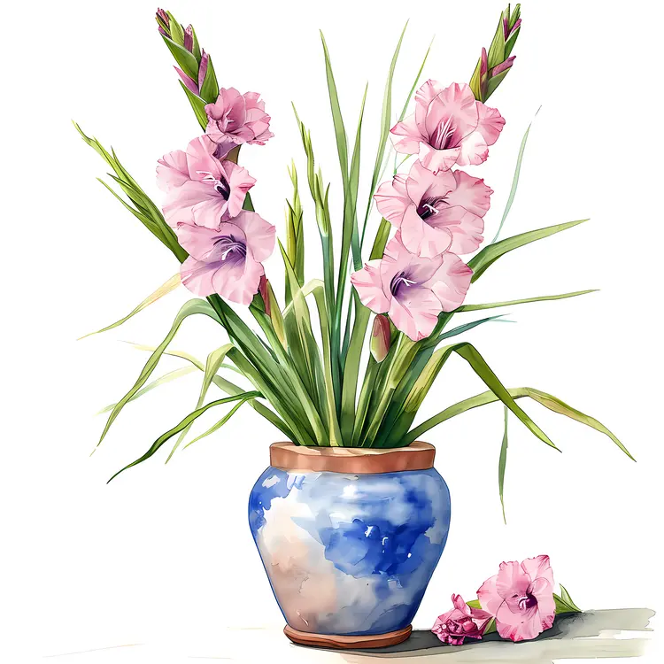 Pink Gladiolus Flowers in Blue Vase
