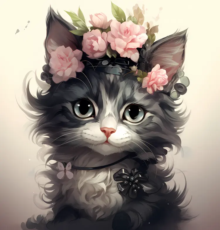 Black and White Kitten with Floral Crown