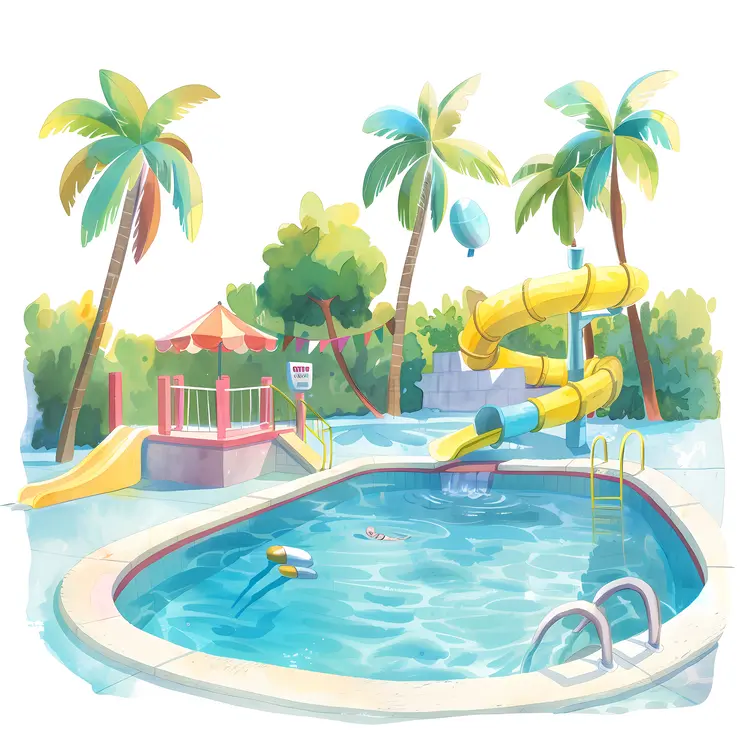 Water Park Pool with Slide and Palm Trees