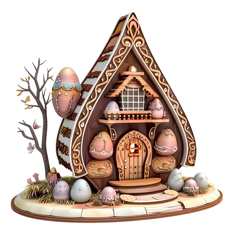 Whimsical Brown House with Easter Eggs and Tree