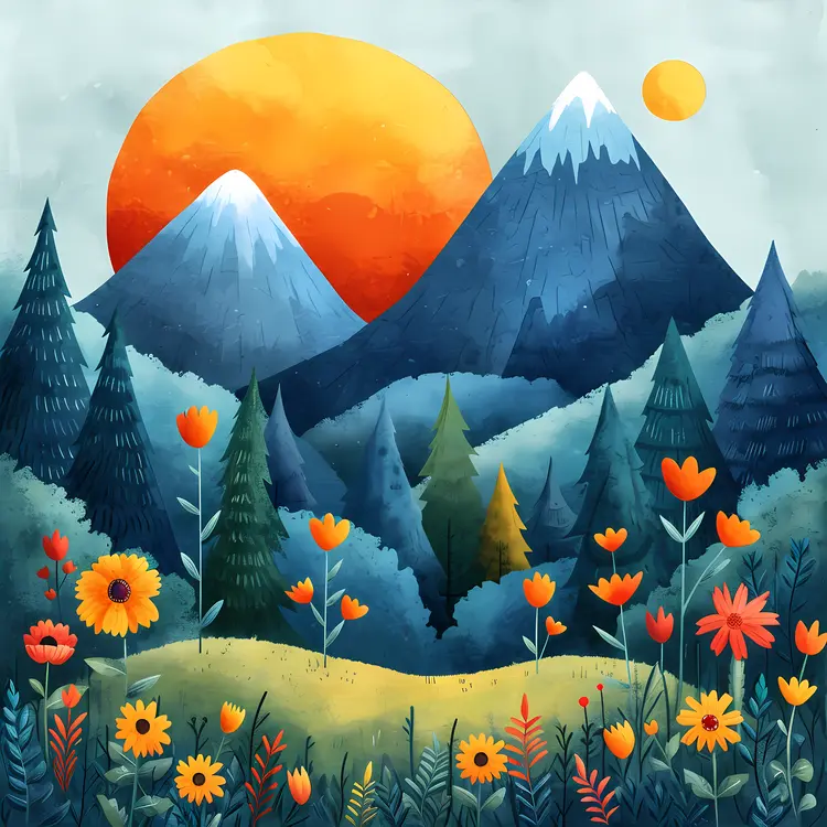 Colorful Flowers and Mountains in Sunset