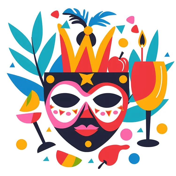 Colorful Carnival Mask with Crown and Drink
