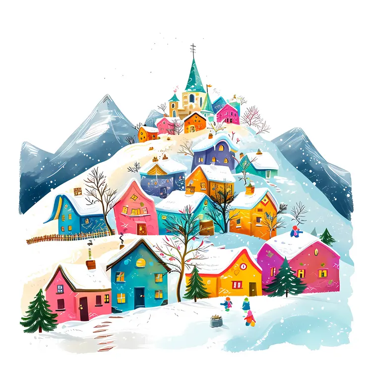 Colorful Houses in Snowy Mountain Village
