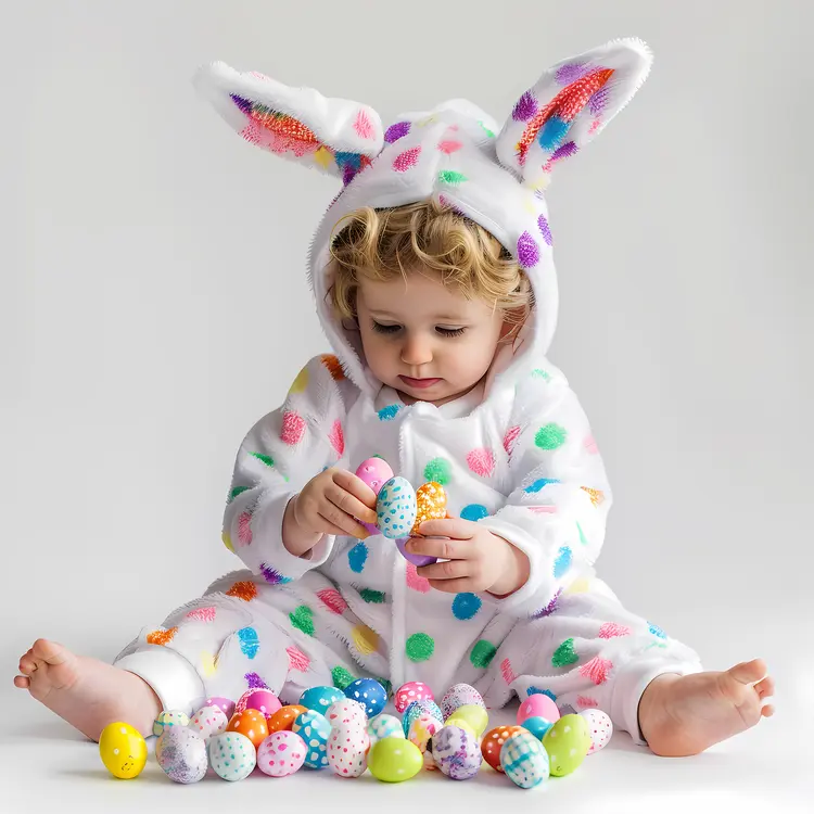 Adorable Baby in White Bunny Costume with Colorful Eggs