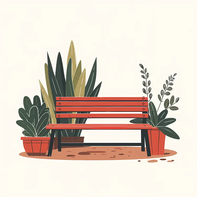 Red Bench with Potted Plants