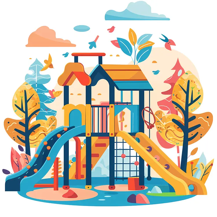 Colorful Playground with Slides and Trees
