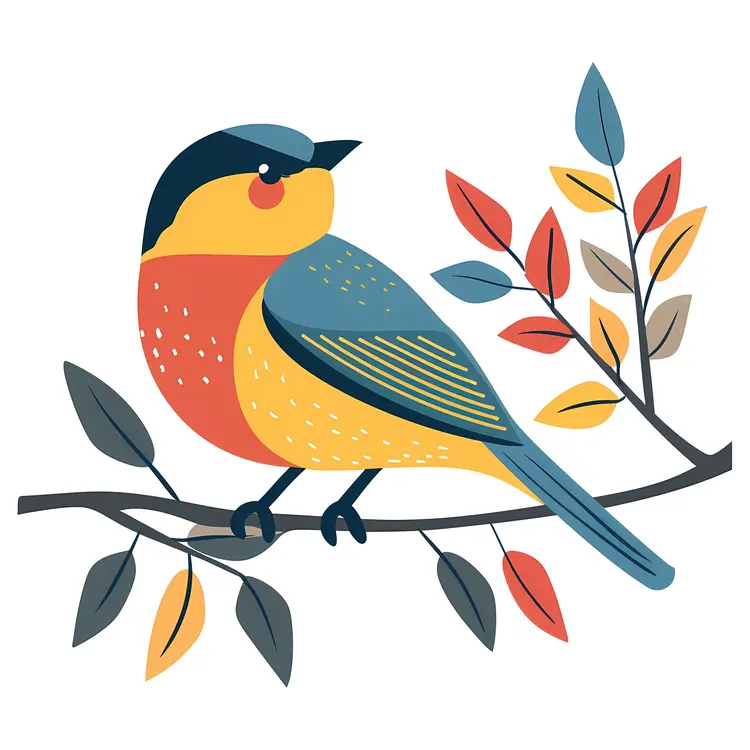 Bird Perched on Branch with Leaves
