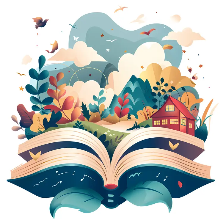 Open Book with Nature and House Illustration