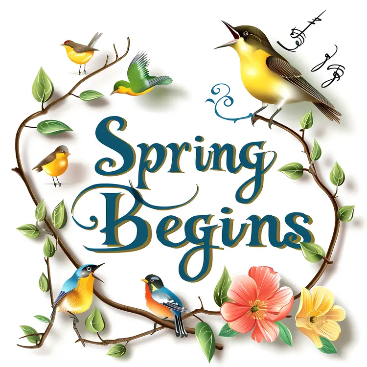 Spring Begins Text with Birds