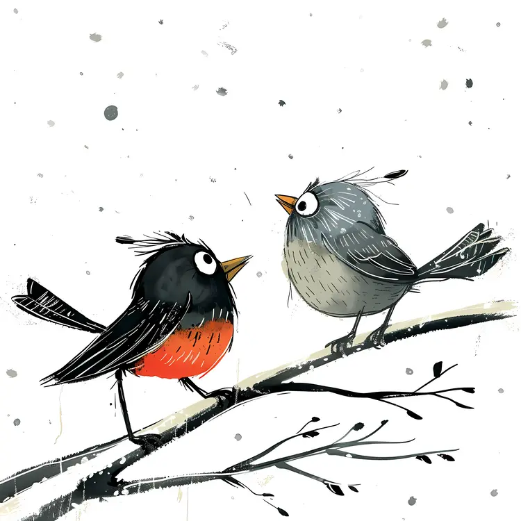 Cartoon Birds on Snowy Branch