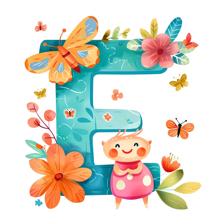 Cute Letter E with Butterflies and Flowers