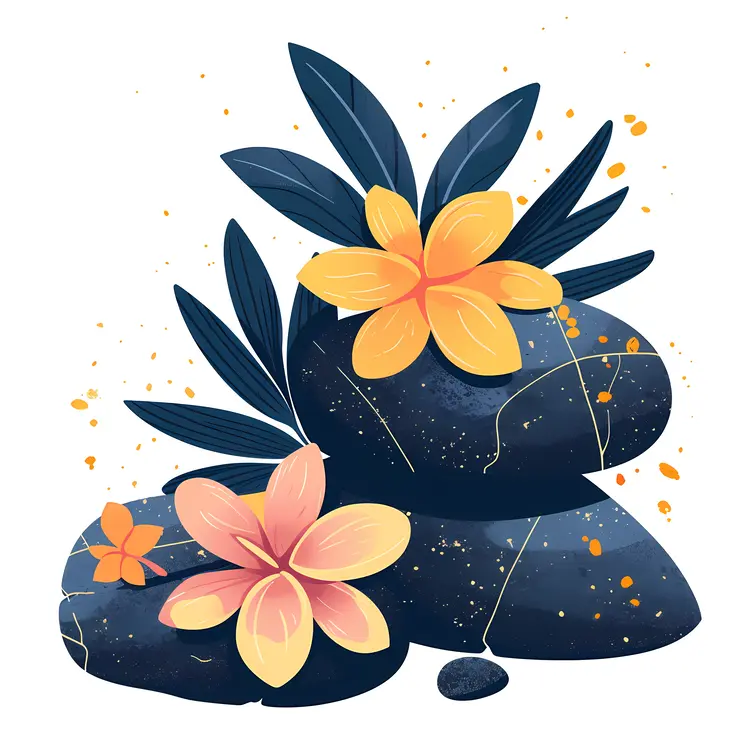 Stacked Stones with Yellow and Pink Flowers for Relaxation