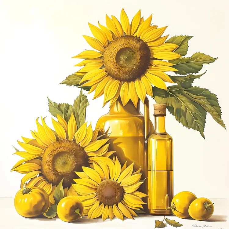 Sunflowers and Multiple Oil Bottles