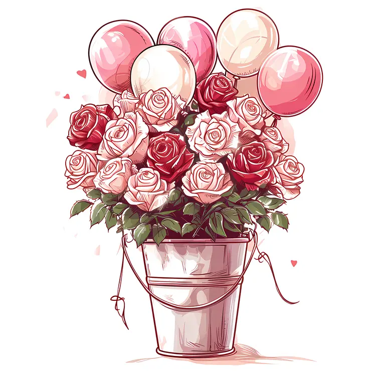Pink and White Roses with Balloons in a Bucket