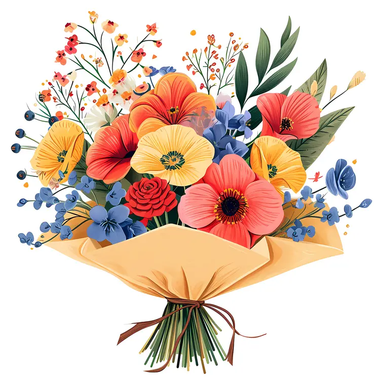 Colorful Flower Bouquet with Poppies and Leaves