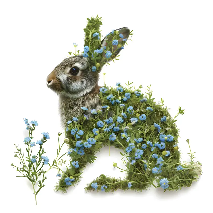 Green Rabbit with Blue Flowers