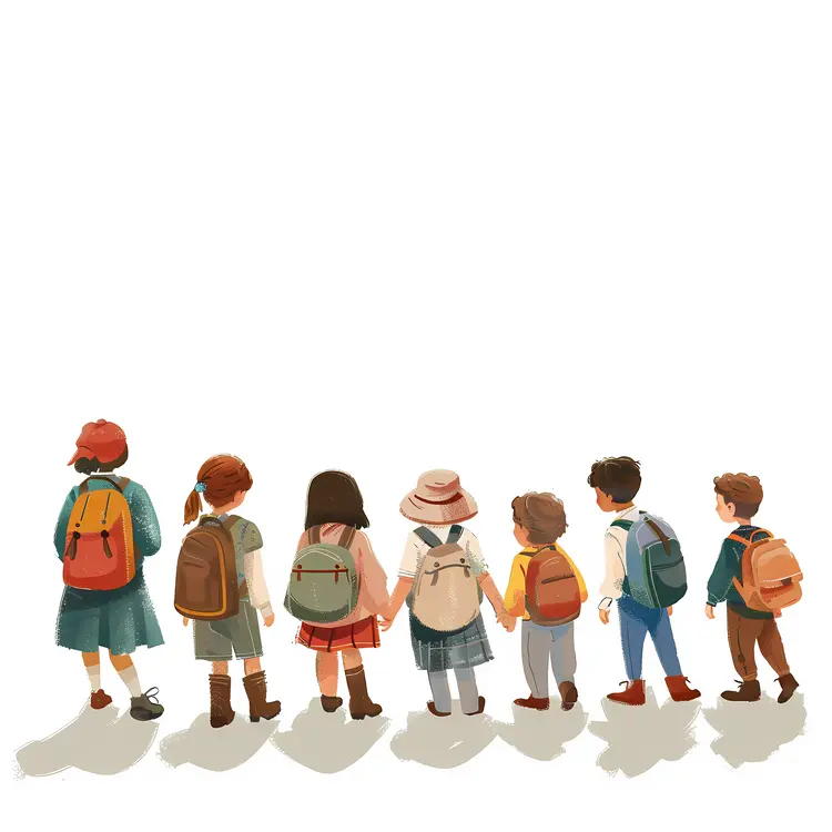 Group of Children with Backpacks Holding Hands