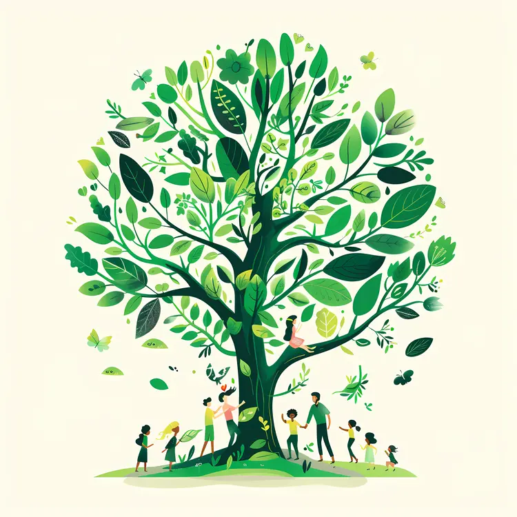 Tree with People in Green Illustration