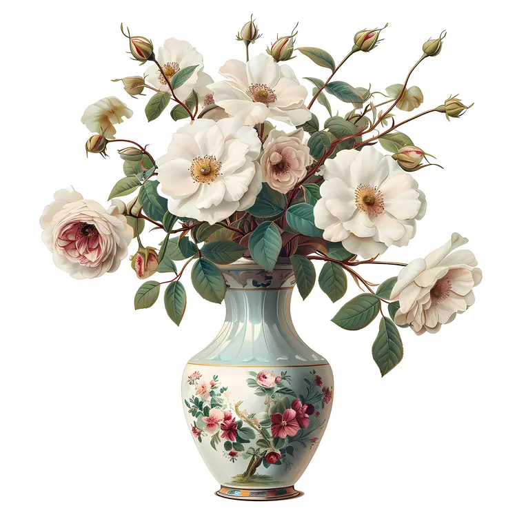 Charming White Flowers in a Floral Vase
