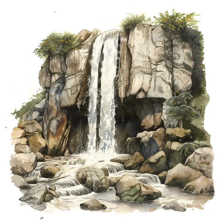 Serene Waterfall with Rocky Surroundings